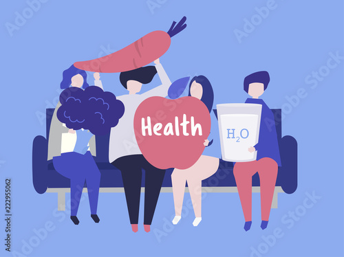 Characters of people holding health icons illustration