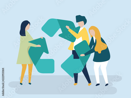 Characters of people holding a recycle symbol illustration