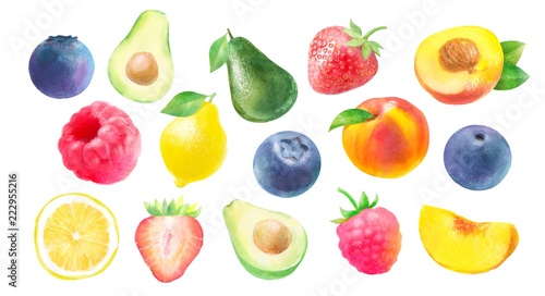 watercolor illustration of fruits and berries: strawberry, raspberry, peach, blueberry? avocado and lemon, isolated drawings by hand on white background © Ardea-studio