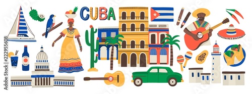 Collection of Cuba attributes isolated on white background - musical instruments, Cuban rum, flag, building, sombrero hat, chili pepper. Colorful vector illustration in modern flat cartoon style.