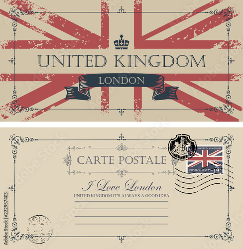 Retro postcard with UK flag. Vector postcard in vintage style with words I love London, place for text and rubber stamp in form of royal coat of arms