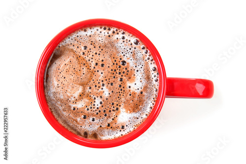 Cup of hot chocolate on white background