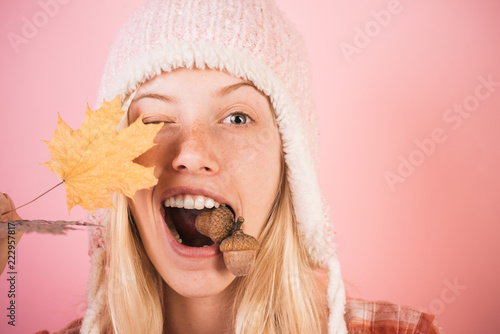 Funny autumn face. Ready for text slogan or product. Funny blonde woman advertises your products. Crazy people.