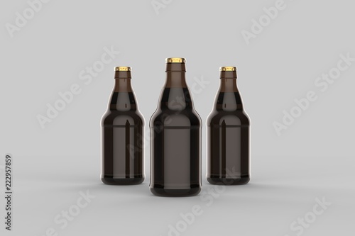 Beer bottle mock up isolated on soft gray background. 3D illustration.
