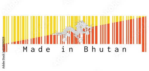 Barcode set the color of Bhutan flag, triangle yellow and orange with white dragon and text: Made in Bhutan. concept of sale or business.