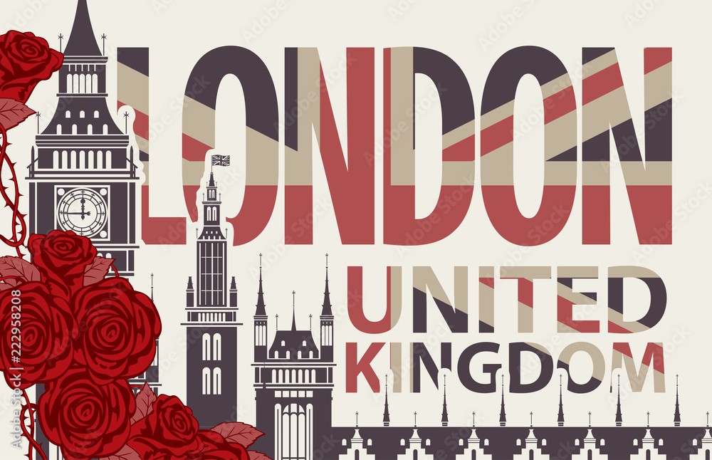 Obraz premium Vector postcard with red roses and Big Ben in London, Palace of Westminster, UK. Retro postcard with words London, United Kingdom in colors of british flag