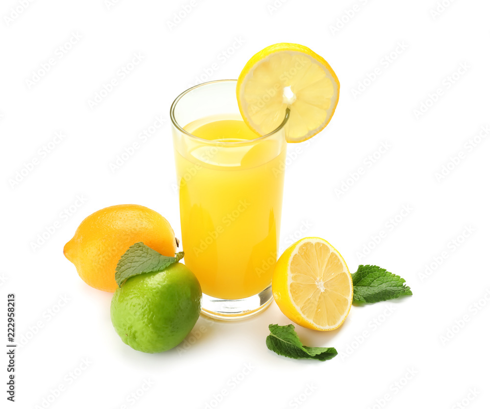 Glass of fresh lemon juice on white background Glass of fresh lemon juice on white background
