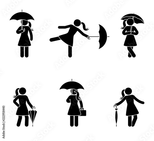 Stick woman with umbrella icon set. Black silhouette of female with rain resistant accessory on white