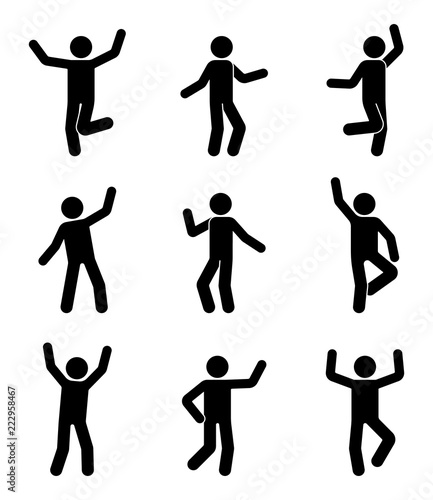 Happy people stick figure icon set. Man in different poses celebrating pictogram