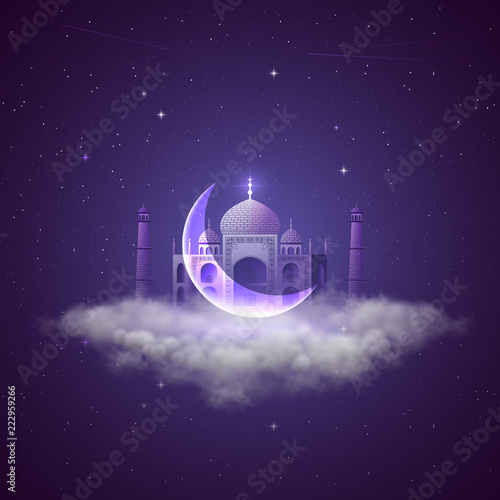 Vector illustration of muslim mosque on clouds with purple sky with stars