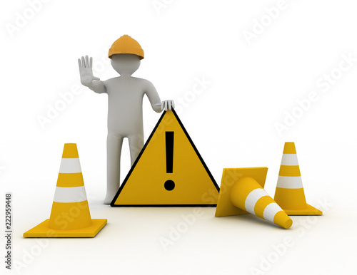 3d worker with traffic coins and warning sign
