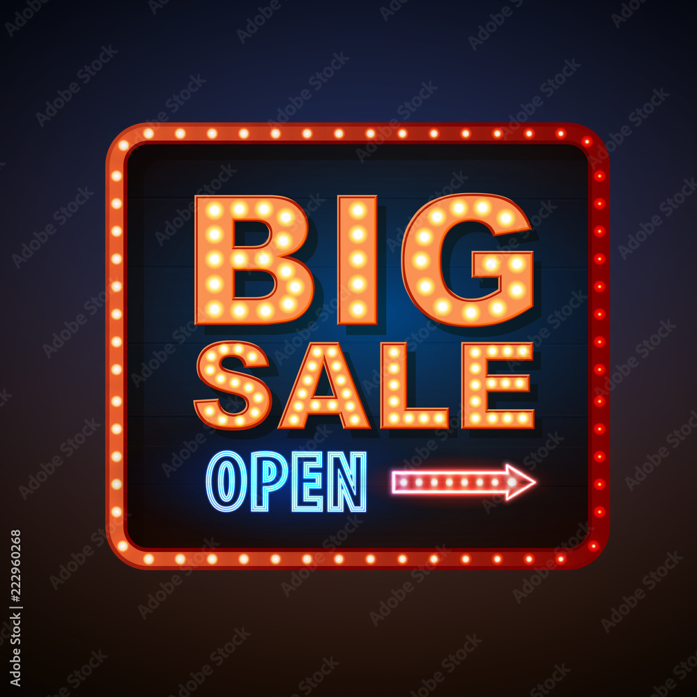 Obraz premium Neon sign big sale open. Vintage electric signboard