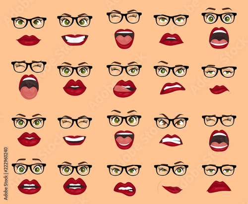 Comic emotions. Woman with glasses facial expressions, gestures, emotions happiness surprise disgust sadness rapture disappointment fear surprise joy smile despondency. Cartoon icons big set isolated.