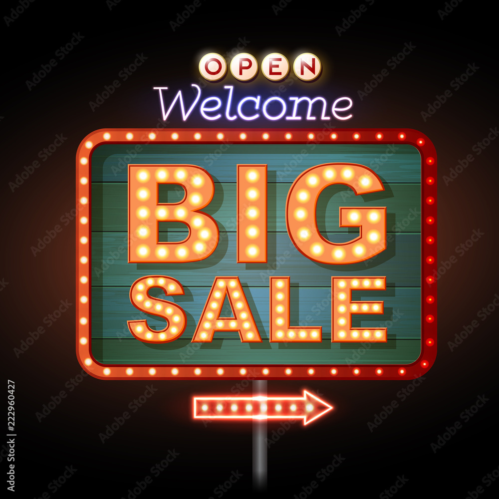 Neon sign big sale open. Vintage electric signboard. Road sign