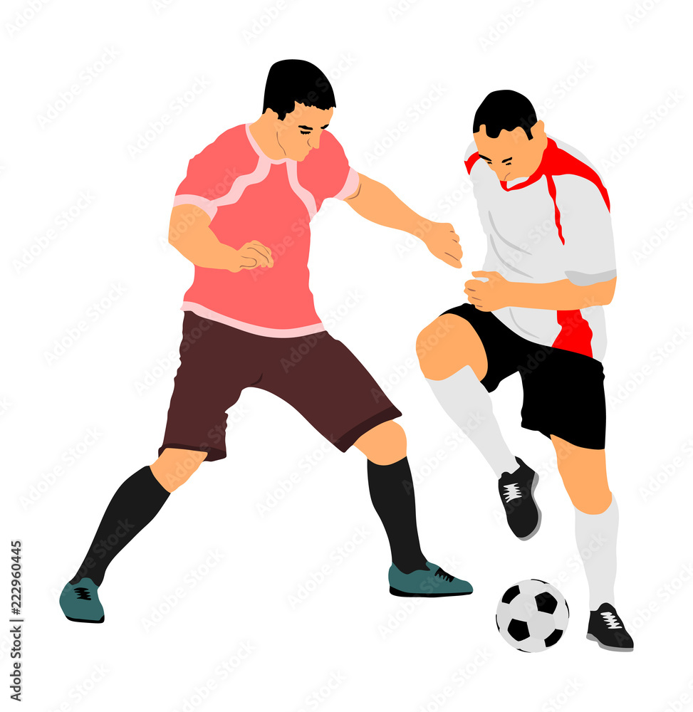 Soccer players in duel vector illustration isolated on white background. Football player battle for the ball and position. Attractive sport game, superstars on the scene. Soccer players in duel vector illustration isolated on white background. Football player battle for the ball and position. Attractive sport game, superstars on the scene.