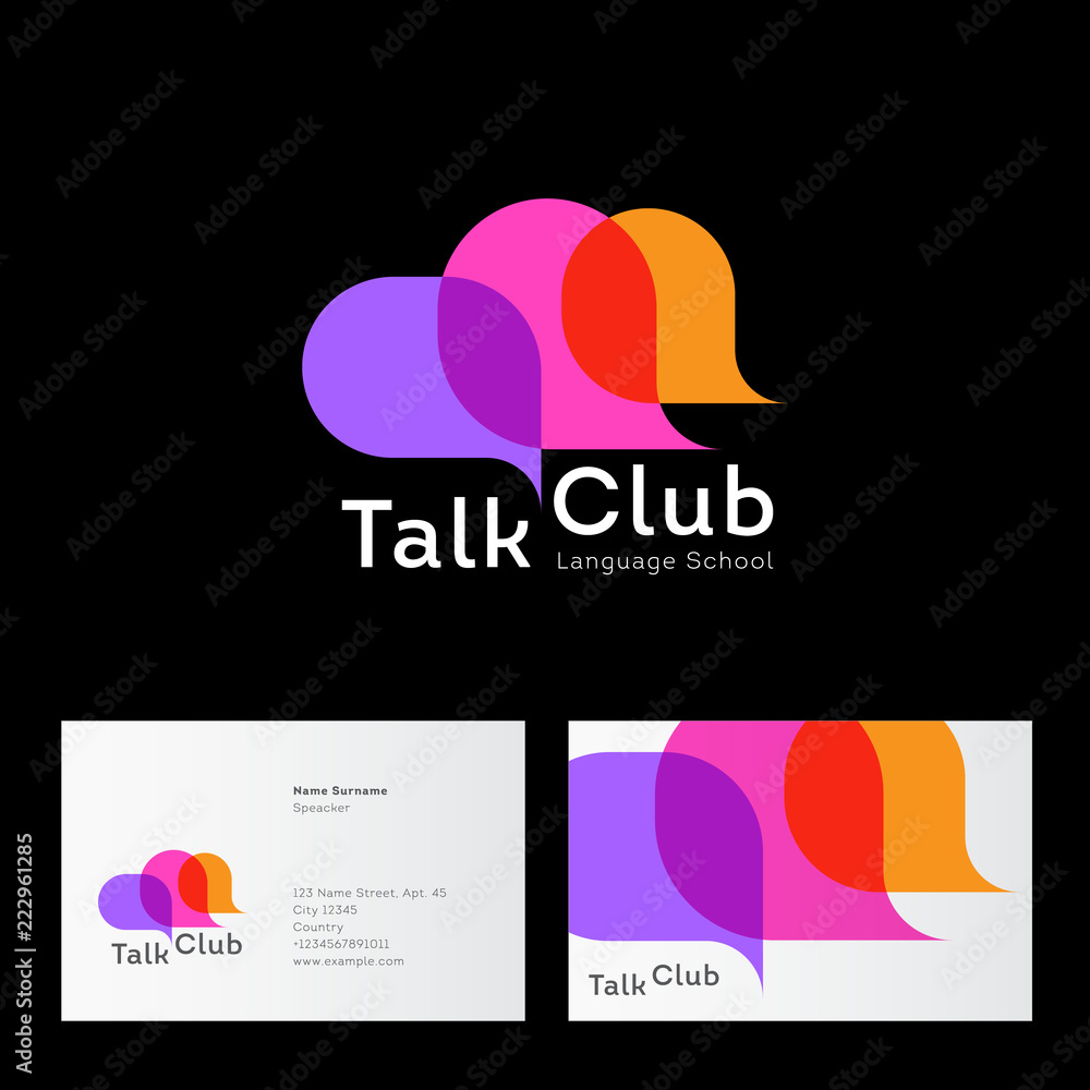 Talk Club Logo Language School Logo Conversational Club Icon Chat Logo Community Emblem Three Multi Colored Bubble Identity Business Card Stock Vector Adobe Stock