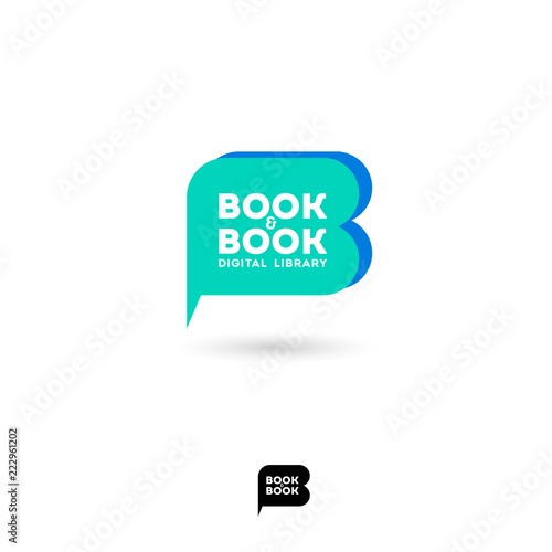 Book and book logo. B letter. Digital library chat emblem. The literary community. Letter B looks like a comic book bubble. Monochrome option.