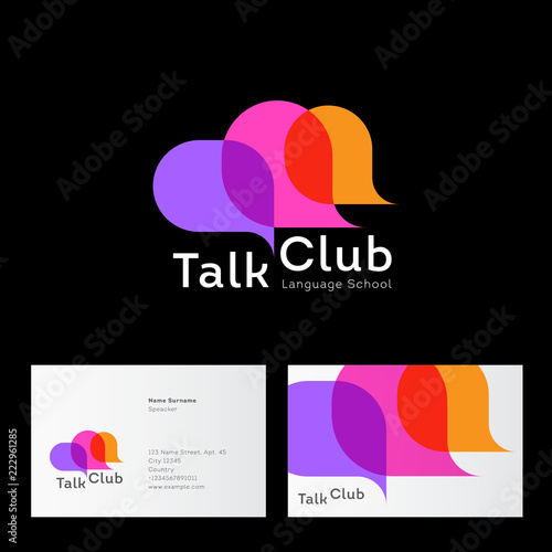 Talk Club logo. Language school logo. Conversational club icon. Chat logo. Community emblem. Three multi-colored bubble. Identity. Business card.