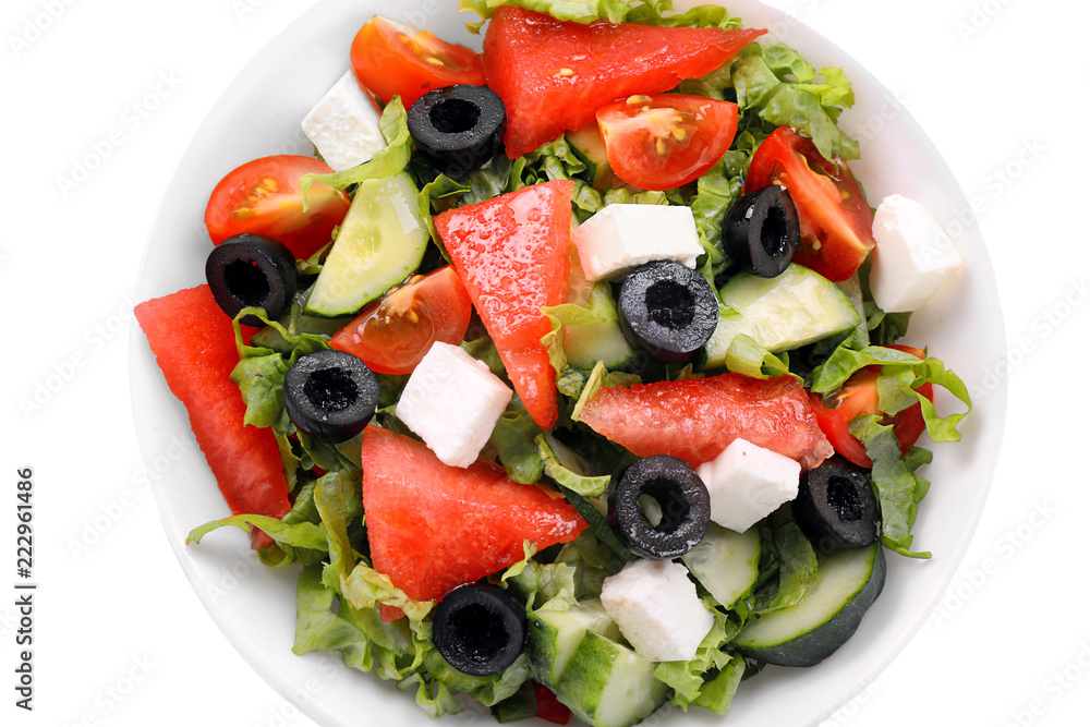 Bowl with delicious watermelon salad on white background, closeup