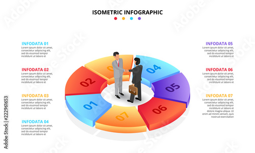 Vector isometric infographic with businessman handshake. Template for diagram, presentation and pie chart. Business concept with 7 options, parts, steps or processes. Partnership concept.