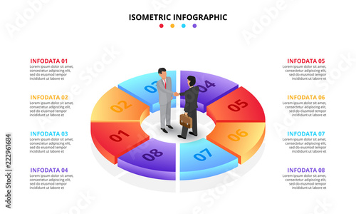 Vector isometric infographic with businessman handshake. Template for diagram, presentation and pie chart. Business concept with 8 options, parts, steps or processes. Partnership concept.