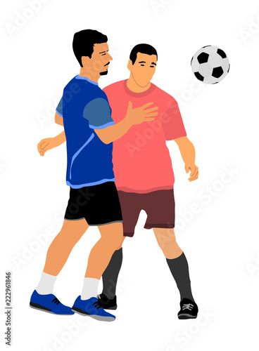 Soccer players in duel vector illustration isolated on white background. Football player battle for the ball and position. Attractive sport game, superstars on the scene. © dovla982