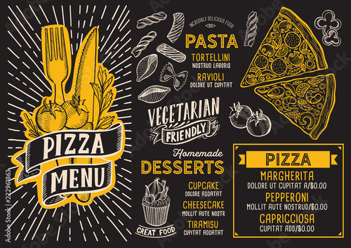 Pizza menu food template for restaurant with doodle hand-drawn graphic.