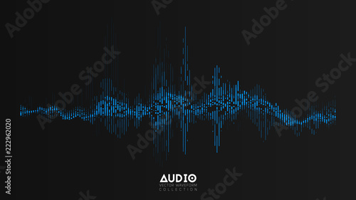 Vector audio wavefrom. Abstract music waves oscillation. Futuristic sound wave visualization. Synthetic music technology sample. Tune print. Distorted frequencies.