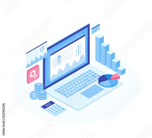 Concept business strategy. Analysis data and Investment. Isometric elements. Business success.Financial review with laptop and infographic elements. 3d isometric flat design. Vector illustration