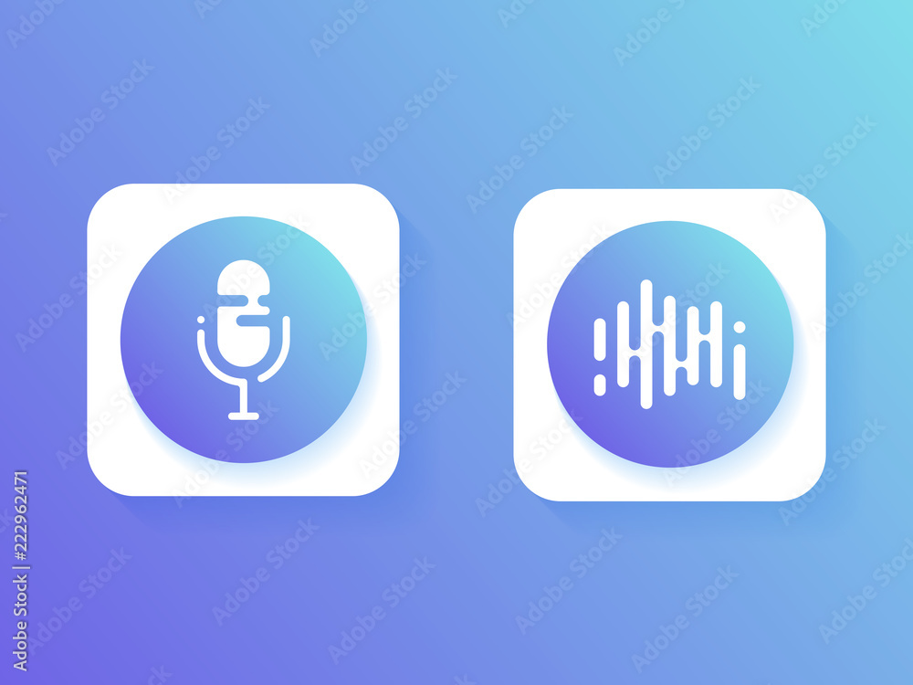 Set icon, Personal assistant and voice recognition . Icon microphone button and sound of waves Set icon, Personal assistant and voice recognition . Icon microphone button and sound of waves