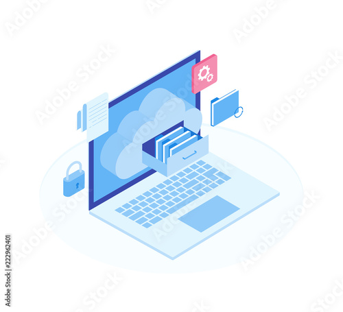 Cloud data storage flat 3d isometric business technology server concept. Laptop with Document drawer in cloud-shaped cabinet. Modern isometric vector illustration
