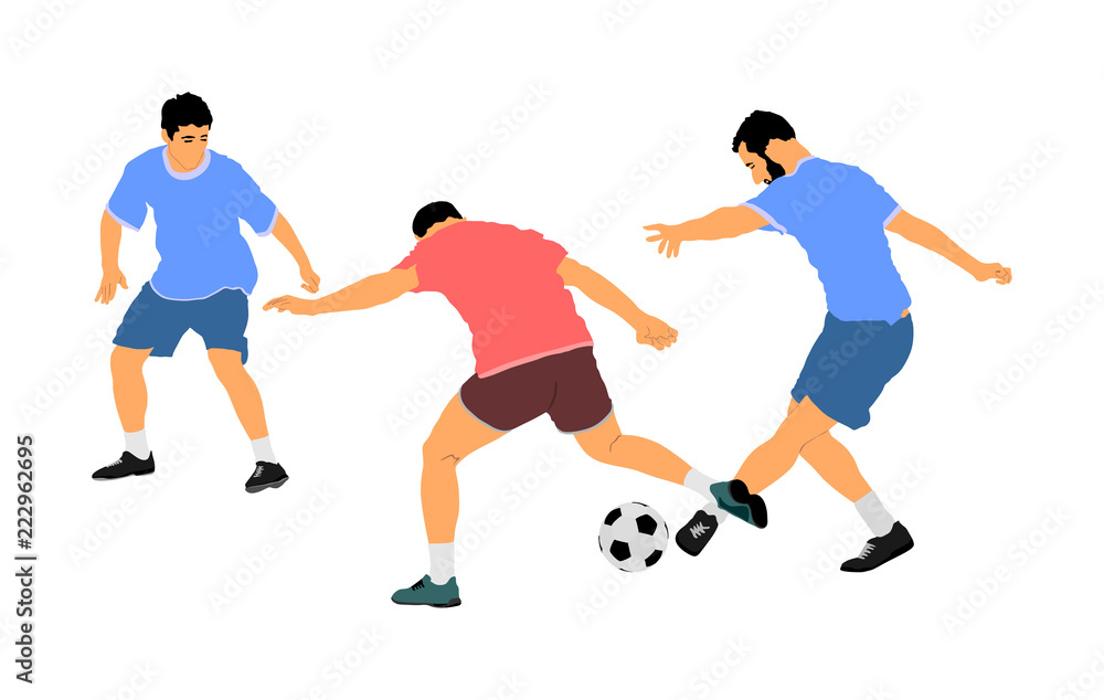 Soccer players in duel vector illustration isolated on white background. Football player battle for the ball and position. Attractive sport game, superstars on the scene.