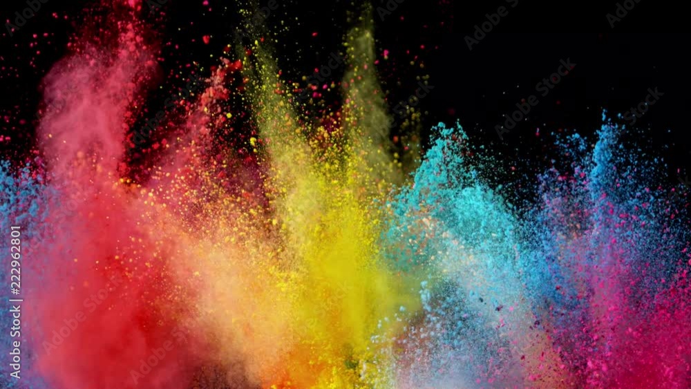Super slow motion of coloured powder explosion isolated on black background. Filmed on high speed cinema camera, 1000fps.