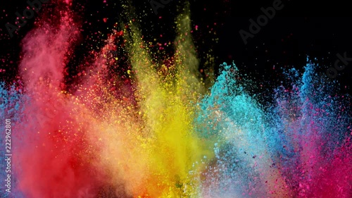 Super slow motion of coloured powder explosion isolated on black background. Filmed on high speed cinema camera, 1000fps.