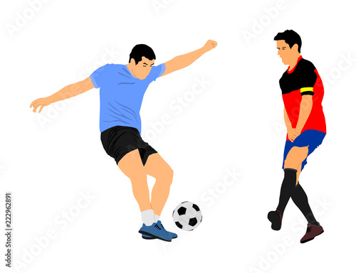 Soccer players in duel vector illustration isolated on white background. Football player battle for the ball and position. Attractive sport game, superstars on the scene.