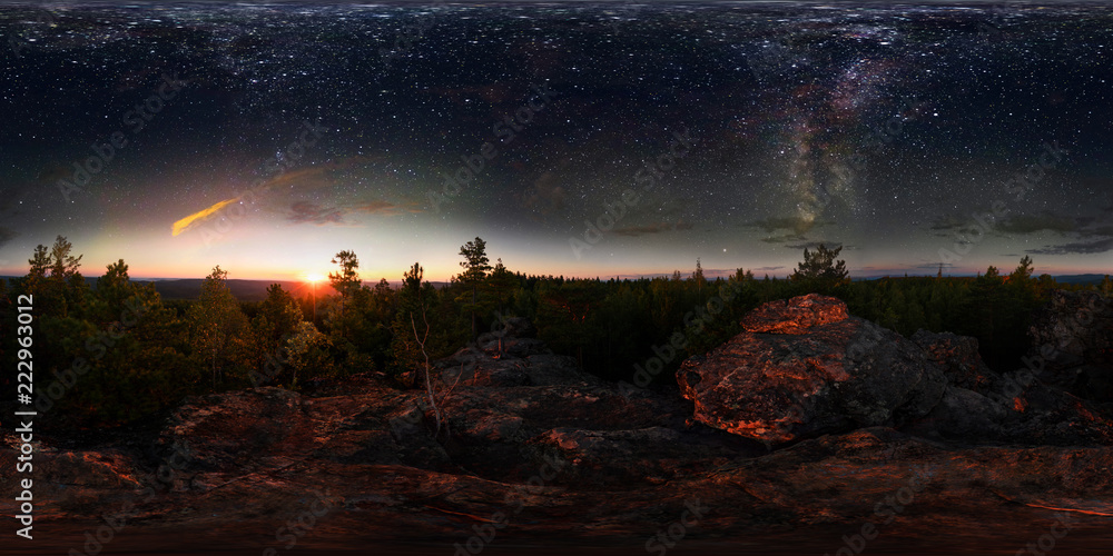 Dawn in the forest under the starry sky a milky way. 360 vr degree spherical panorama - obrazy, fototapety, plakaty 