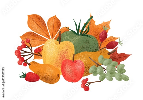 Decorative autumn composition with fresh harvested tasty fruits, vegetables, berries, fallen leaves isolated on white background