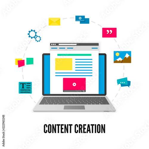 Content creation concept. Laptop with website on screen and elements of development. Social media and blogging. Vector illustration isolated on white background