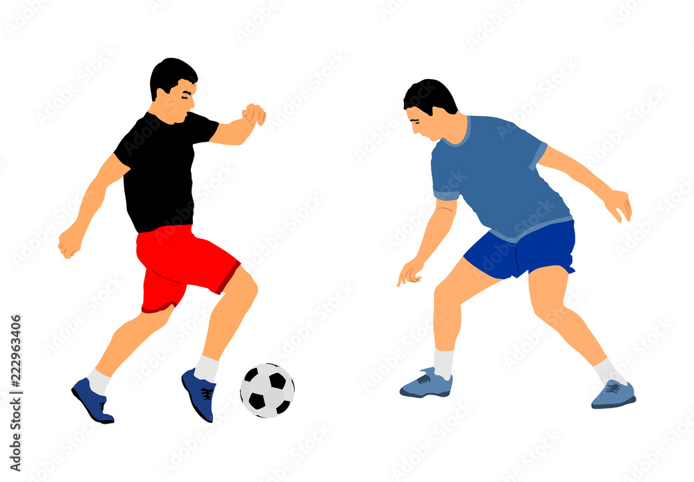 Soccer players in duel vector illustration isolated on white background. Football player battle for the ball and position. Sport activity people. Man competition. Handsome boy play soccer with friend.