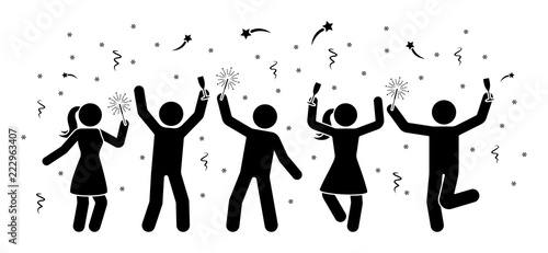 Men and women stick figures celebrating New Year night icon. Firework, serpentine, sparkler pictogram