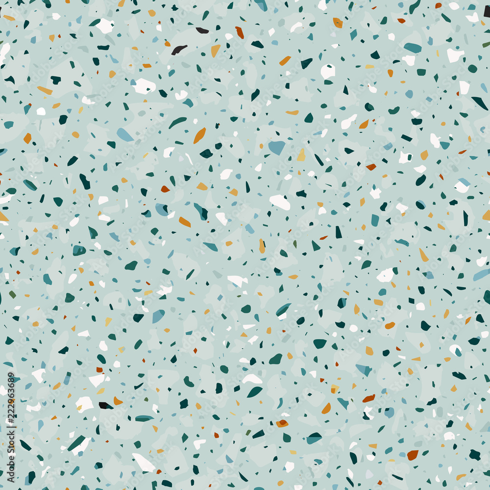 Terrazzo flooring vector seamless pattern in light green colors with accents. Classic italian type of floor in Venetian style composed of natural stone, granite, quartz, marble, glass and concrete
