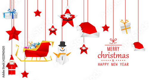 Christmas card background - Paper Origami. Merry Christmas greeting card with origami Santa Claus, Christmas trees, reindeer, gift boxes, and Snowman.