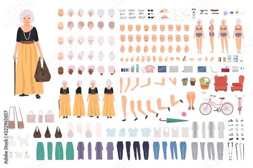 Modern old woman or granny creation set. Collection of elderly lady's body parts, hand gestures, trendy clothes isolated on white background. Front, side and back views. Cartoon vector illustration.