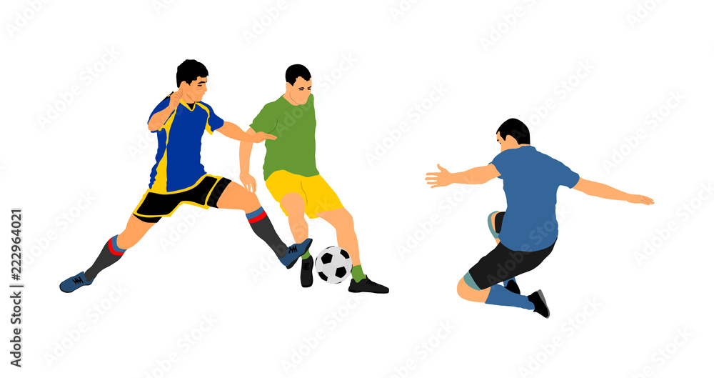 Soccer players in duel vector illustration isolated on white background. Football player battle for the ball and position. Sport activity people. Man competition. Handsome boy play soccer with friend.