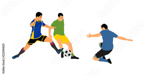 Soccer players in duel vector illustration isolated on white background. Football player battle for the ball and position. Sport activity people. Man competition. Handsome boy play soccer with friend.
