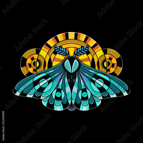 Night moth in ethnic style. Vector illustration of a butterfly on a black background. Use on the T-shirt and textile photo