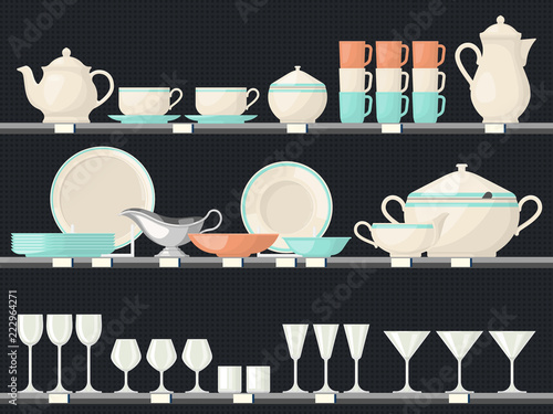 Shelves with glassware dish or kitchen utensil