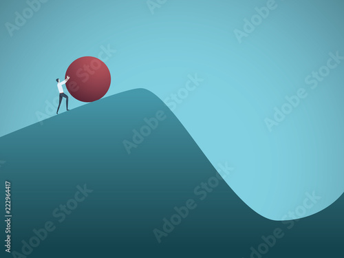 Businessman pushing boulder uphill vector concept of Sisyphus. Symbol of hard work, futile effort, strength, struggle, challenge but also motivation and ambition.