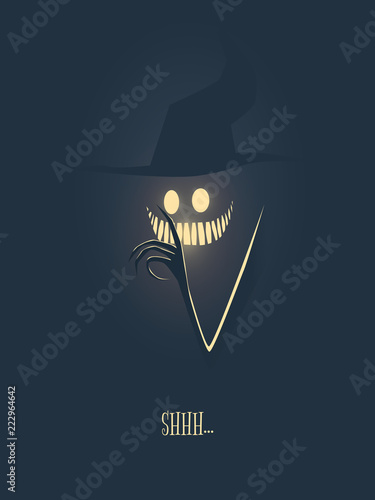 Happy halloween vector illustration card with monster glowing in the dark night, his hand with creepy fingers and mouth full of scary teeth. Party invitation card template.