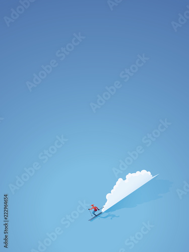 Skiing poster or banner vector concept. Skier in modern flat design going downhill. Miminalist art style.